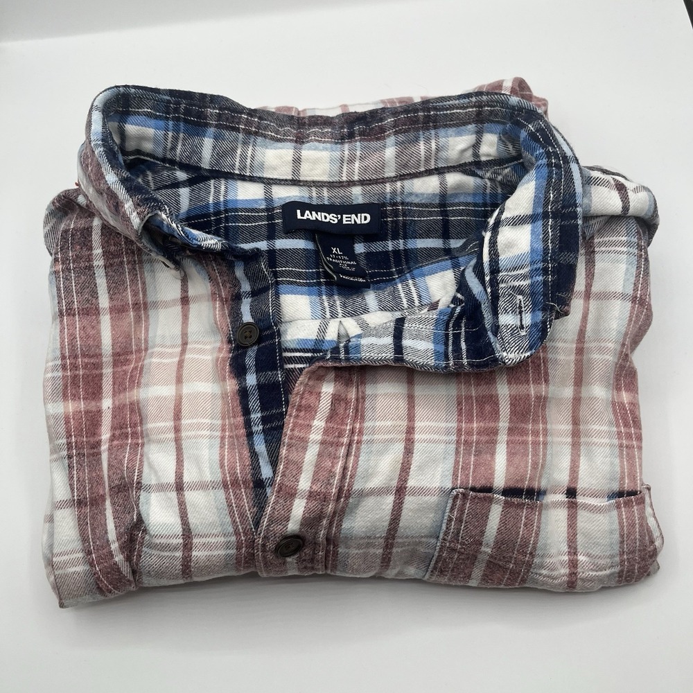 Unisex Bleached Flannel Distressed Faded Buttonup Shirt‎ Size XL , Blue/Red